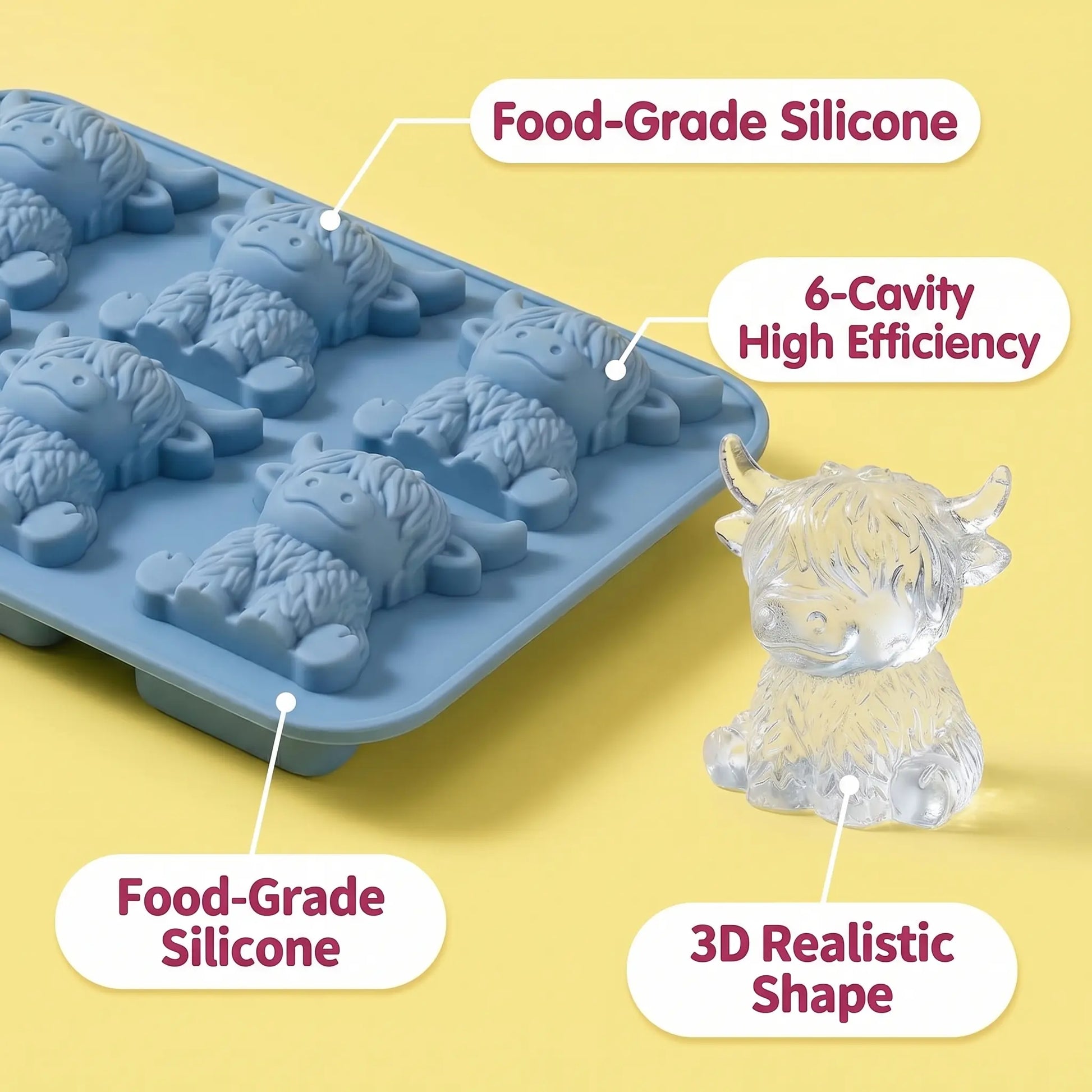 3D Mini Highland Cow Silicone Ice Cube Mold - Ideal for Whiskey Cocktails, Parties, and Gift Giving